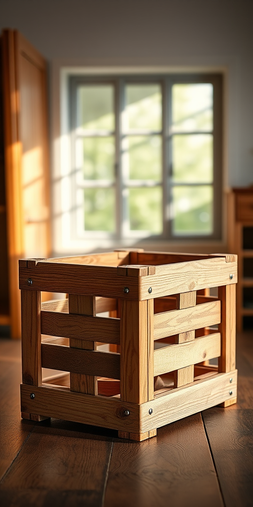 Create a realistic wooden crate in a well-lit environment, using a DSLR camera with a 50mm lens, aperture set to f/8 for sharpness, ISO 100 for low noise, 1/125 shutter speed to capture details, with a 45-degree angle view and natural lighting to enhance texture and depth.
