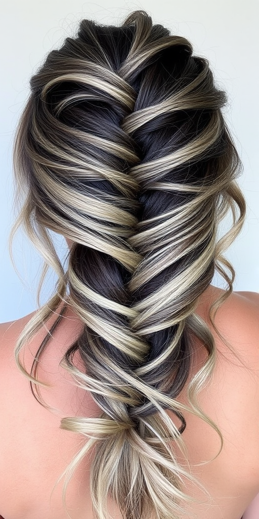 Smoky charcoal to ash blonde ombre styled in a messy fishtail braid, called "Storm Cloud Chic" look, featuring wispy flyaways and a lived-in texture