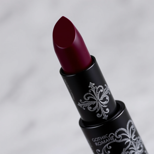 Matte deep plum lipstick with intricate silver filigree designs, named "Gothic Romance," boasting long-lasting wear and a velvety texture, ideal for dramatic evening ensembles