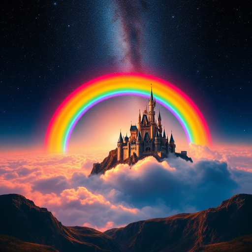 A vivid fantasy landscape showing a colorful rainbow stretching from Earth to a majestic castle in the clouds, with a starry space background, shot with a DSLR camera at f/8 aperture, ISO 200, 24mm lens, using a wide-angle view for enhanced depth and detail.