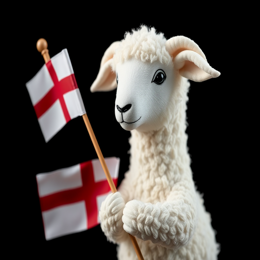 Regenerate the image of a stylized white lamb holding a flag with an English cross, set against a black background, with a soft focus lens effect, using a DSLR camera with a 50mm f/1.8 lens, ISO 100, aperture f/2.8, and a focal length of 50mm.