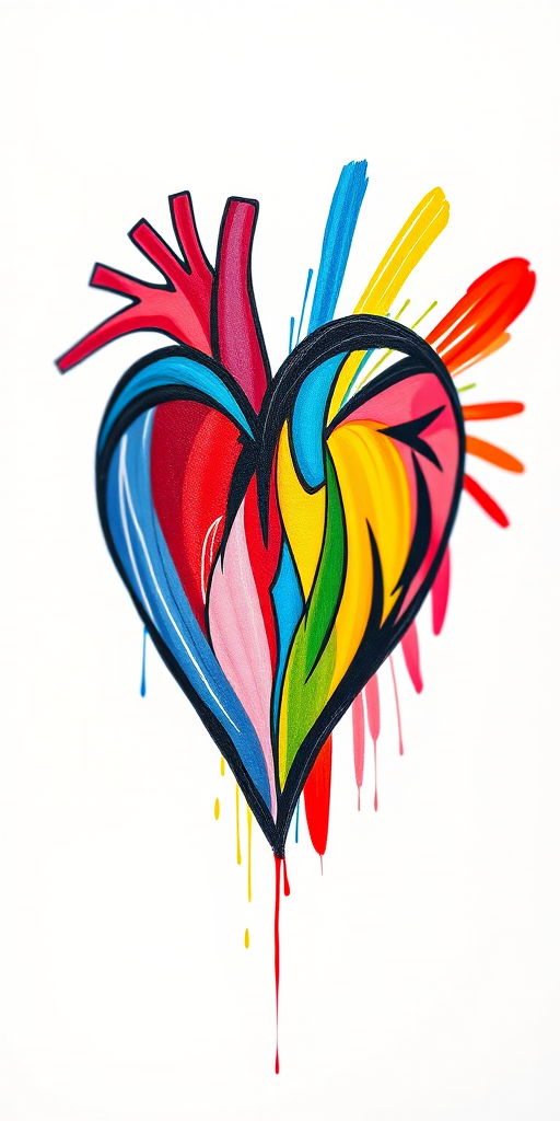 Create a vibrant heart illustration with multicolored strokes, using a DSLR camera with a 50mm lens, f/1.8 aperture, 1/125s shutter speed, and soft focus background for enhanced depth of field.