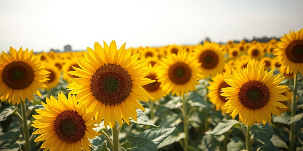 sunflower field during midday with vibrant yellow blooms, wide-angle shot, f/8 aperture, ISO 200, 1/500 sec shutter speed, DSLR camera, enhance color saturation and clarity