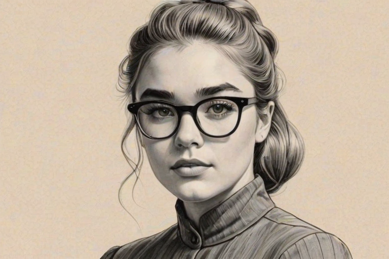 Attractive Florence Pugh, pencil sketch, portrait of Sublime woman 1960s in glasses, hair style beatnik, outline, clear lines, fine lines, 8k