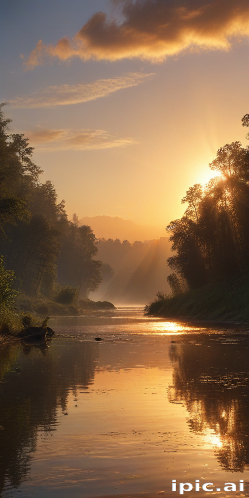 Golden Sunrise Over Tranquil River Surrounded by Lush Green Forest