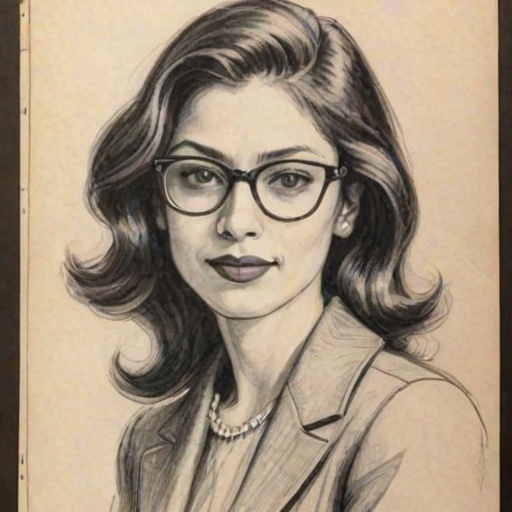 Dazzling Huma Abedin, pencil sketch, portrait of Enchanting woman 1922s in glasses, hair style beatnik, outline, clear lines, fine lines, 8k