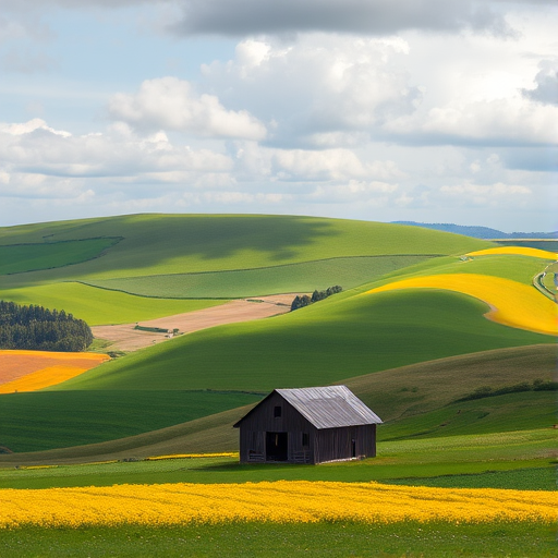 Landscape of rolling hills with vibrant green and yellow fields, a rustic barn in the foreground under a partly cloudy sky, taken with a DSLR camera, 50mm lens, aperture f/8, ISO 100, slight vignette, soft lighting, high dynamic range.