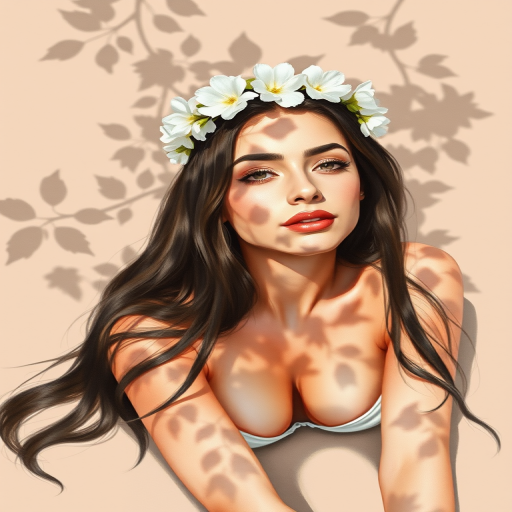 create a watercolor painting of an ethereal portrait of beautiful Sephardic woman with a simple white flower crown on her head. Her hair is long and she is lying on the ground. The sunlight on the trees casts shadows from the leaves on her face and body. The background is a neutral brown color that matches her skin tone. The image is minimalist and solid colors. This style is characterized by soft, delicate brushstrokes and a light, airy, contrasting color palette. High level of detail and play of light