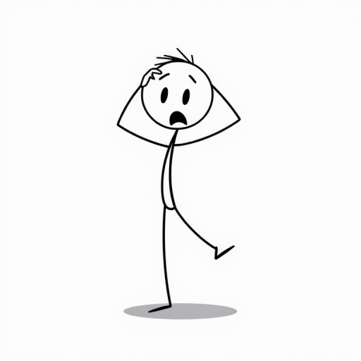 create a simple stick figure character with a surprised expression standing on one leg and scratching its head, in a minimalist style with clean lines and a shadow beneath it
