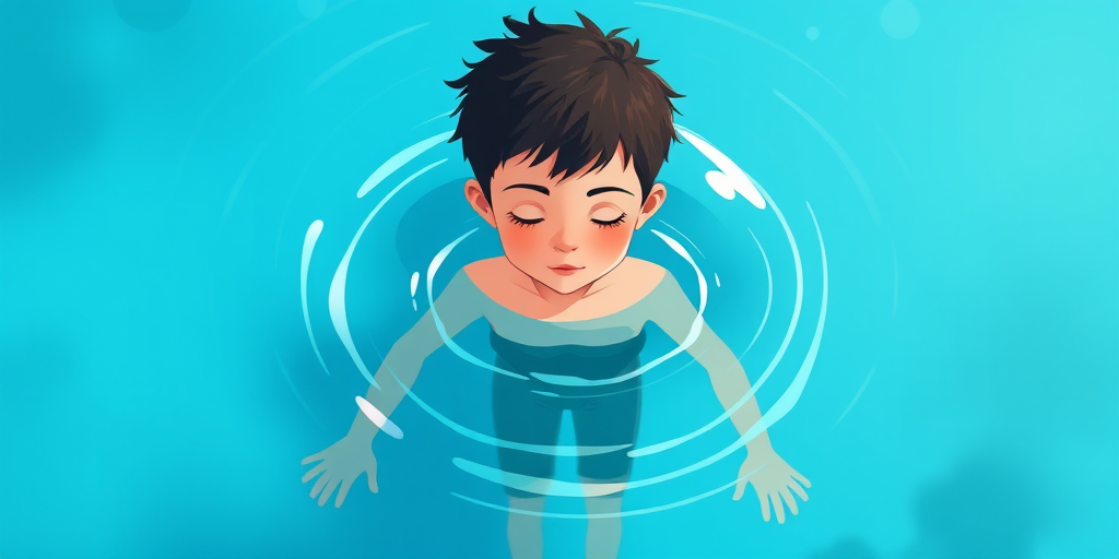 Create an illustration of a boy floating in water, captured from a slightly elevated angle, using a soft focus lens with an aperture of f/2.8, ISO 100, and a shutter speed of 1/250s, emphasizing vibrant blue water and subtle ripples around him, in a minimalist art style.