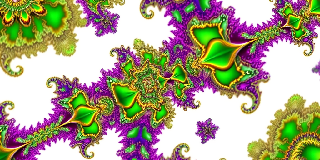 Create a vibrant fractal design featuring intricate patterns of green, purple, and gold, with a clean white background, using a DSLR camera with a 50mm lens, f/8 aperture, ISO 100, and a slight tilt-shift effect to enhance depth.