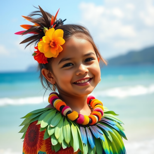 A beautiful Hawaiian girl, wearing colorful bird clothing with vibrant colors
