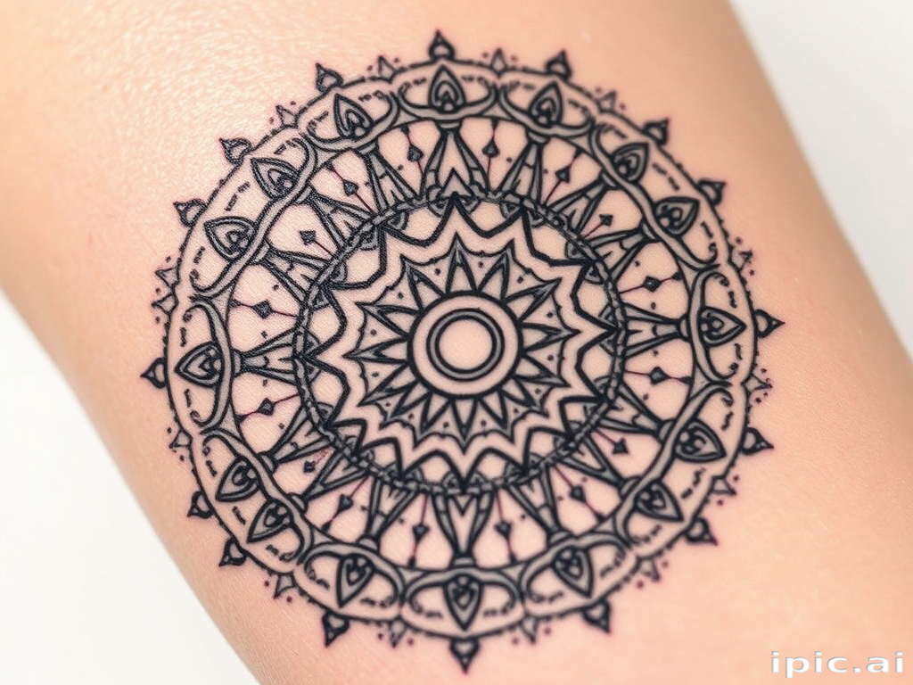 Intricate dotwork "Celestial Mandala" tattoo with precise stippling technique, creating a mesmerizing circular pattern inspired by cosmic elements and sacred geometry