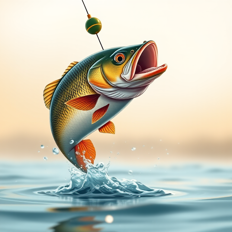 Create a high-resolution illustration of a fish jumping out of the water with a bobber above it, using a DSLR camera with a 50mm lens at f/1.8, ISO 100, and a 1/1000 second shutter speed, with a shallow depth of field for a smooth background effect.
