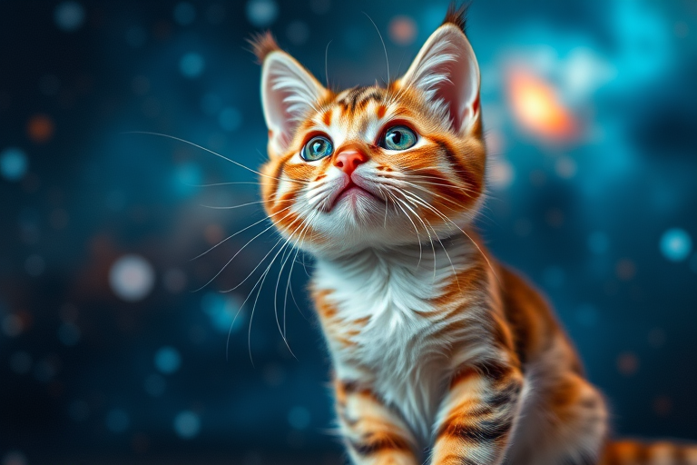 Create a high-resolution image of a whimsical cat in a cosmic background, using a DSLR camera with a 50mm lens, aperture set to f/1.8, shutter speed 1/200s, ISO 100, shot from a low angle with vibrant colors and sharp details.