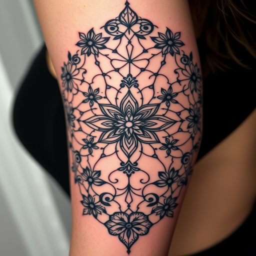 Intricate blackwork tattoo called "Shadow Lace" showcasing delicate geometric patterns intertwined with floral motifs creating a mesmerizing web-like design with bold contrasts and fine line details