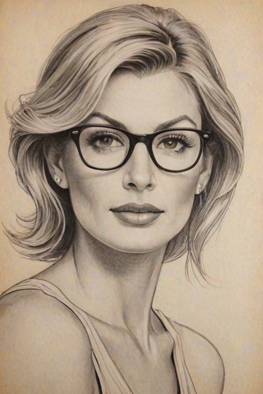Superb Faith Hill, pencil sketch, portrait of Alluring woman 1924s in glasses, hair style beatnik, outline, clear lines, fine lines, 8k