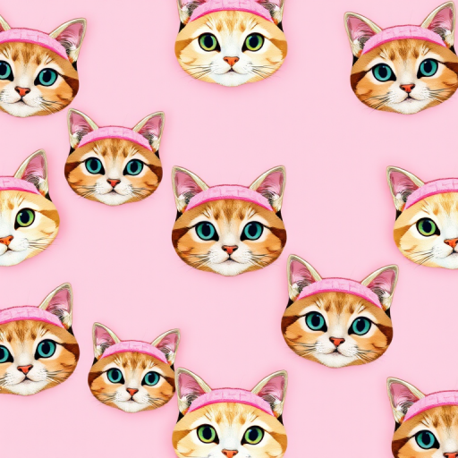 Create a seamless pattern of cute cat faces with pink headbands on a soft pink background, using a Nikon D850 with a 50mm lens, aperture f/2.8, ISO 100, top-down view, in a flat lay style for enhanced clarity and color vibrancy.