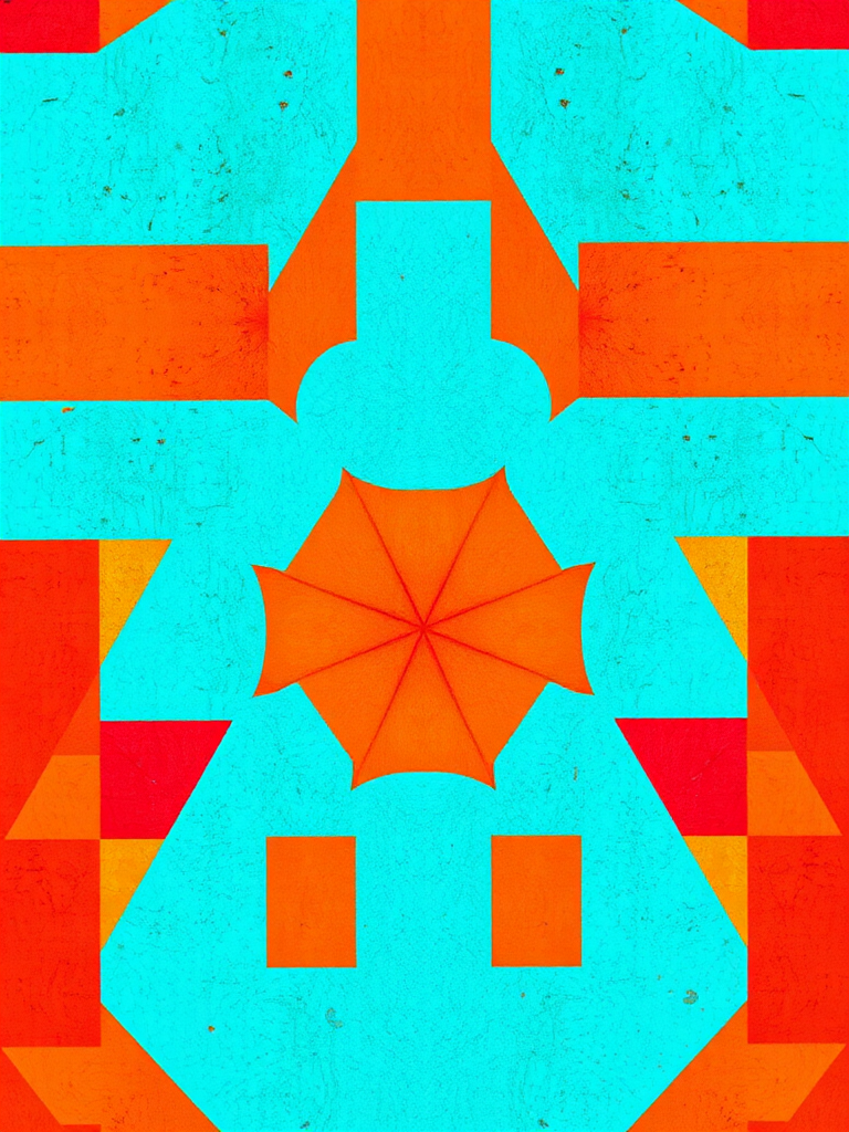 abstract geometric pattern in vibrant colors of orange, turquoise, and red with a textured look, shot with a DSLR camera, ISO 100, f/8 aperture, 50mm lens, top-down view, vibrant color profile