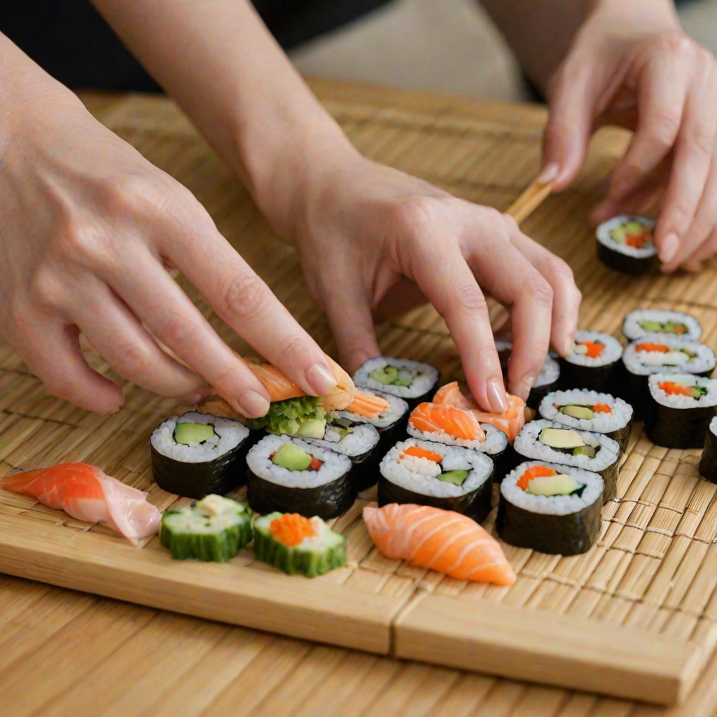 Close-up of a woman's hands preparing sushi, with fresh ingredients laid out on a bamboo mat, her focus evident as she skillfully rolls the sushi.