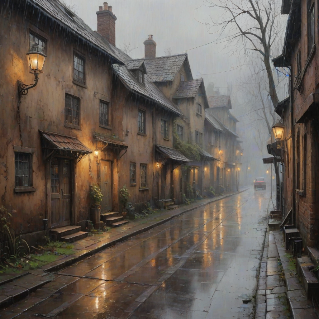 rainy day house painting, fine art painting, fantasy art, 4K, 3D, HDRi, detailed oil painting, high definition art, expressive rustic oil painting, foggy alley, soft focus