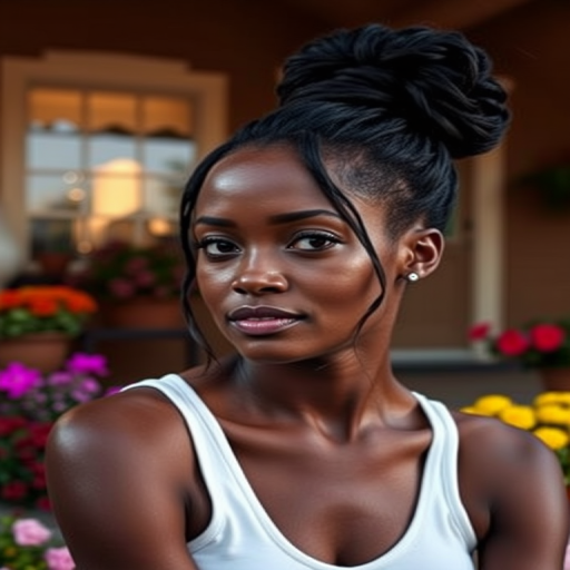 A photo of Lupita Nyong'o with a background of a cozy porch. She has dark hair pulled back in an updo, with tendrils framing her face. She wears a white tank top and sits on the porch. The porch is part of a well-lit home with a warm, earthy tone and colorful flowers and foliage. The overall scene has a warm, welcoming, and comfortable ambiance.