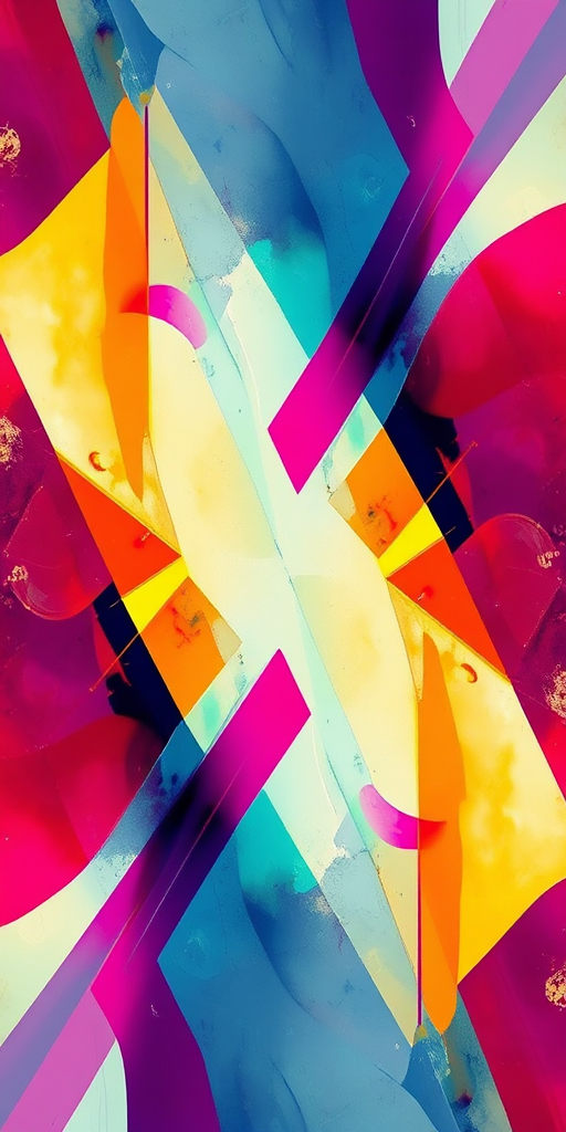 Create a high-resolution abstract digital artwork featuring vibrant geometric shapes and contrasting colors, shot with a DSLR camera at f/8 aperture, ISO 100, 1/250 shutter speed, 24mm lens, top-down view, using a modern editing style.