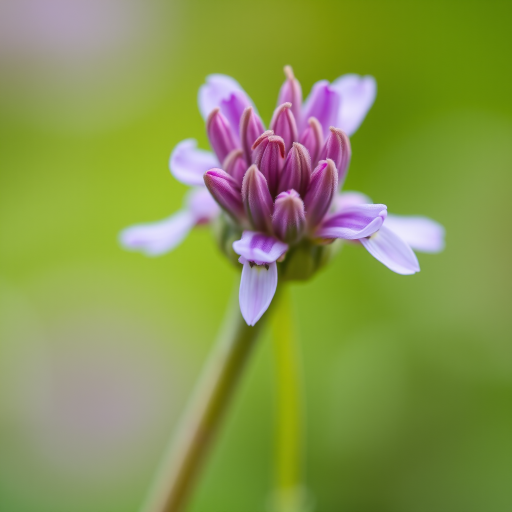 A close-up shot of a flowering plant bud with purple petals against a blurred green background, taken with a Canon EOS R5 camera, 100mm macro lens, aperture f/2.8, ISO 100, shutter speed 1/200s, natural lighting for enhanced detail and sharpness.
