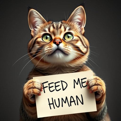 cat holding a note which says "FEED ME HUMAN"
