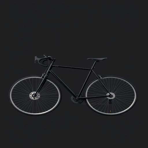 Create a high-resolution, minimalistic illustration of a sleek black bicycle with silver wheels on a dark gray background, using a Canon EOS 5D Mark IV, aperture f/8, shutter speed 1/60 sec, ISO 100, with a side view perspective to emphasize the bicycle's design and contours.