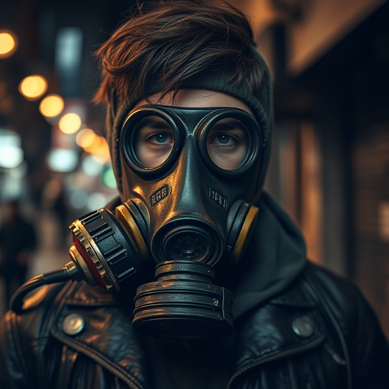 Create a highly detailed portrait of a person wearing a weathered gas mask and leather jacket, shot in low light with a shallow depth of field, using a DSLR camera at f/1.8 aperture, ISO 800, and a focal length of 50mm, capturing the gritty atmosphere of an urban environment.