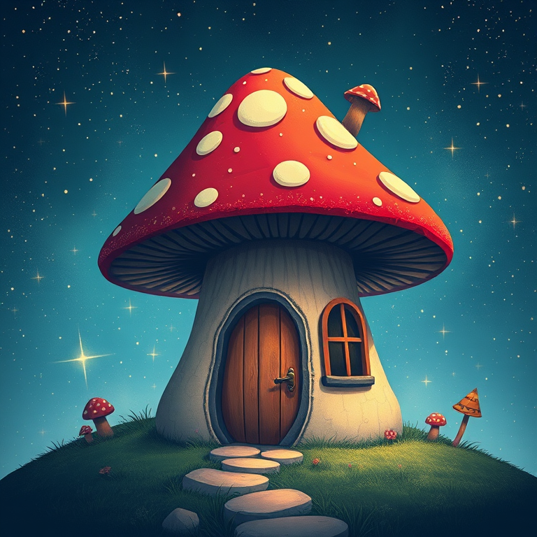 generate illustration of a mushroom house with a door and a window, a storybook , fantasy art, mushroom house, bg starry sky, sparkles