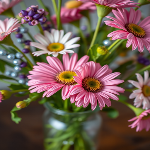 Create a vibrant close-up of a floral arrangement with pink daisies and decorative beads in a clear vase, shot with a Canon EOS R5 at f/2.8, ISO 100, 50mm lens, using soft lighting to enhance colors and details for a dreamy look.