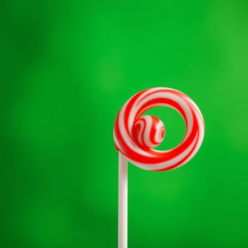 a close-up shot of a spiral lollipop with red and white stripes, captured with a Canon EOS R5 at f/2.8, 1/200 sec, ISO 100, with a blurred green background for enhanced contrast, using a macro lens style for high detail and vibrant colors.