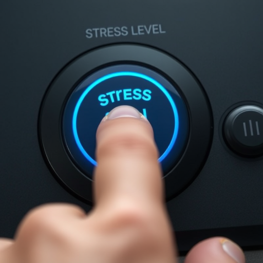 Create a high-resolution digital artwork of a hand pressing a blue circular button labeled "Stress Level" on a sleek black interface, using a Canon EOS R5 with a 24-70mm f/2.8 lens at f/4, ISO 100, in soft natural lighting, top-down view for clarity and detail.