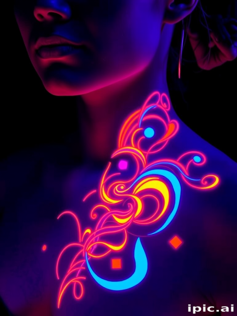 Luminous UV ink tattoo called "Neon Nights" that comes to life under blacklight. Invisible in normal lighting, the design reveals a vibrant, glowing pattern when exposed to UV light. Abstract shapes and swirling lines create a psychedelic effect, transforming the wearer's skin into a canvas of electric color.