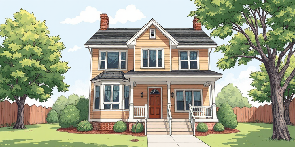 Create a detailed illustration of a house with two floors, large windows, and a porch, using a wide-angle view, shot with a DSLR camera, aperture f/8, ISO 200, and a focal length of 24mm for enhanced clarity and depth.