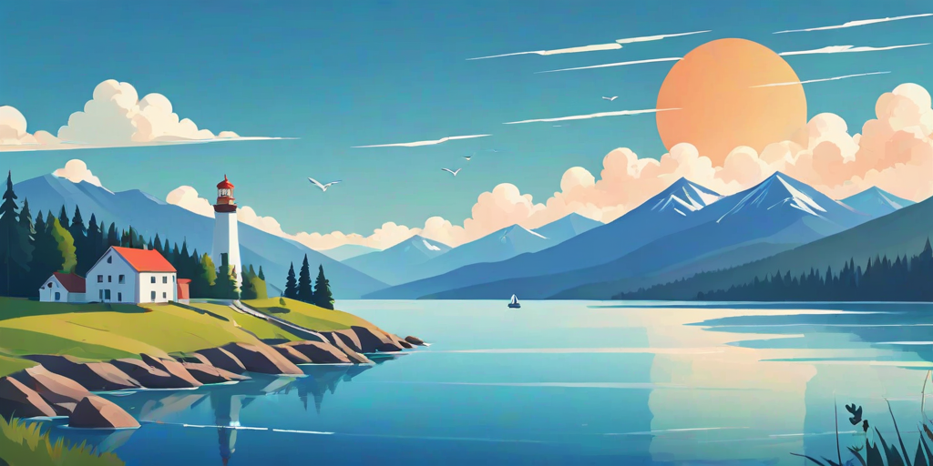 create a vibrant and minimalist illustration of a scenic landscape with mountains, a lighthouse by a river, sailboats, and fluffy clouds on a bright blue background