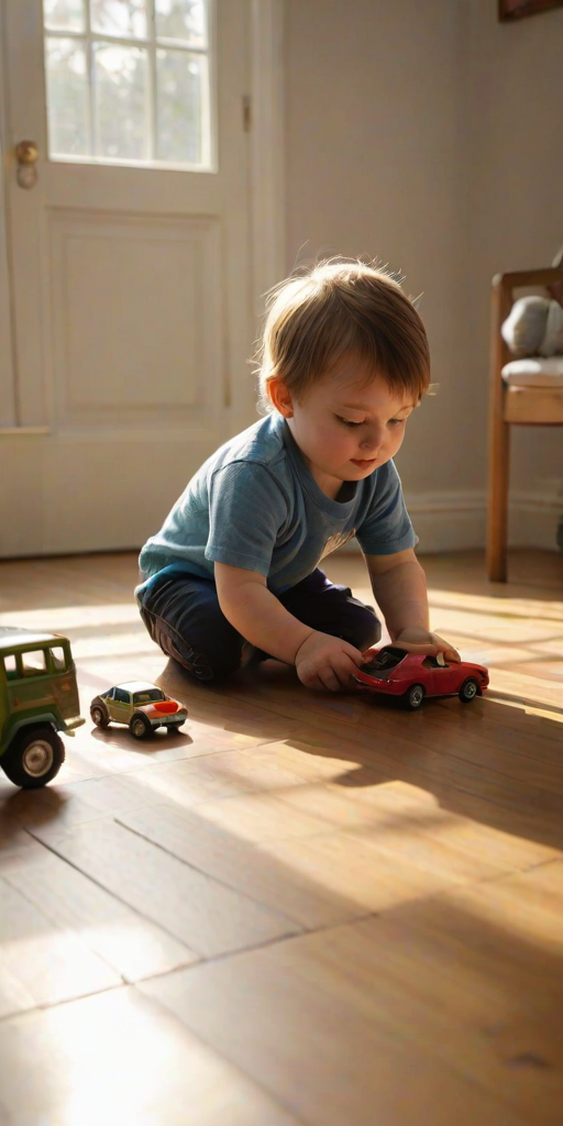 Warm, intimate image of a child playing with toy cars on a wooden floor, soft sunlight streaming through a nearby window, the smell of fresh coffee in the air, and a sense of quiet playfulness.