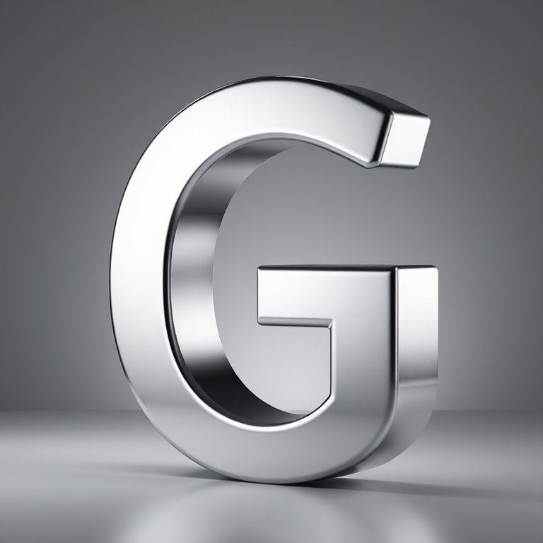 Create a high-resolution image of a three-dimensional silver letter G, reflecting light with smooth gradients, using a Canon EOS R5 camera, 50mm lens, f/1.8 aperture, ISO 100, photographed from a 45-degree angle with soft studio lighting.