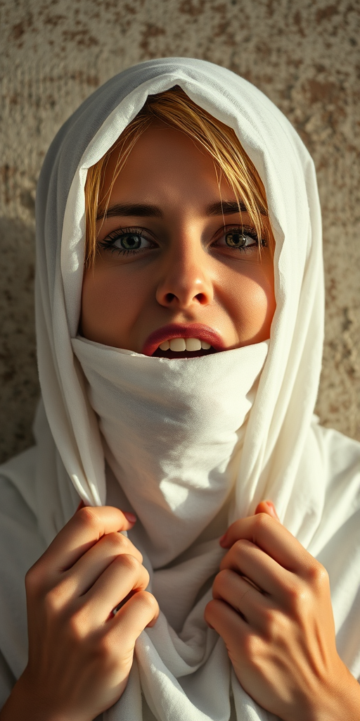 Create a close-up photographic image of a Armenian woman with light skin tones shown against an old, worn wall. Their head is wrapped in a white cloth covering (i.e.... parts of the head except the nose and mouth, which are open as if they are screaming...), with a slight texture and visible folds in the fabric. Thin strands of blonde hair escape from the wrapping above, falling lightly at the top and sides. Their hands hold the fabric as if they are tugging nervously. The lighting is dramatic and even, casting strong shadows. The image has a minimalist and surreal style with an emphasis on simplicity with soft color tones. The composition is centered.