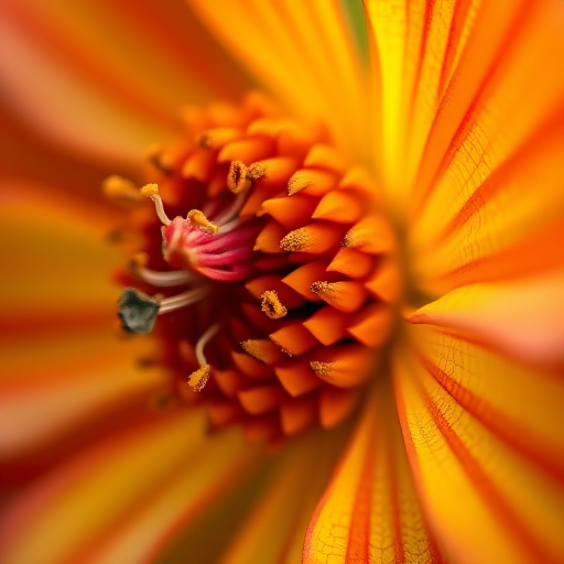 Create a highly detailed, close-up illustration of a flower with vibrant colors, captured with a Canon EOS R5, 50mm lens at f/2.8, ISO 100, 1/200s, natural lighting, and a soft focus background for depth.