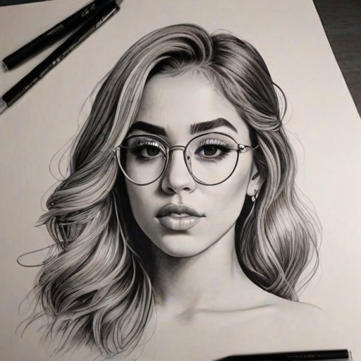 Gorgeous Alina Baraz, pencil sketch, portrait of Stunning woman 1974s in glasses, hair style beatnik, outline, clear lines, fine lines, 8k