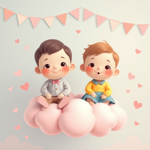 Create a digital illustration of two cute cartoon children sitting on fluffy pink clouds with a playful background featuring pastel bunting and scattered hearts, using a Canon EOS R5 camera, 50mm lens, f/1.8 aperture, ISO 100, with a soft focus and bright, colorful palette for a cheerful atmosphere.