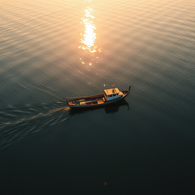 a high-resolution aerial view of a fishing boat on calm waters at sunrise, with soft golden light reflecting on the surface, using a DSLR camera with a 24mm lens, aperture f/8, shutter speed 1/200s, ISO 100, in vibrancy mode for enhanced color contrast