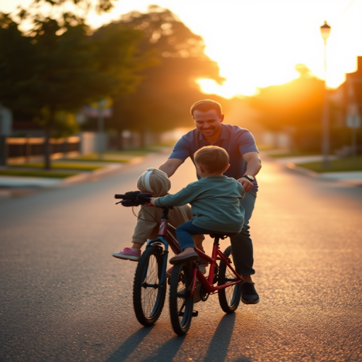 Blurry candid shot of a father teaching his child to ride a bicycle on a quiet suburban street at sunset, soft golden light casting long shadows on the pavement and a peaceful neighborhood atmosphere.