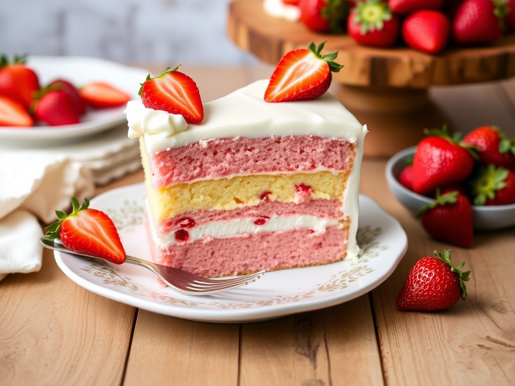 A delicious layered cake with pink and yellow sponge layers, topped with white frosting and garnished with fresh strawberries, served on a decorative white plate with a fork beside it. The background features a rustic wooden cake stand and additional strawberries.