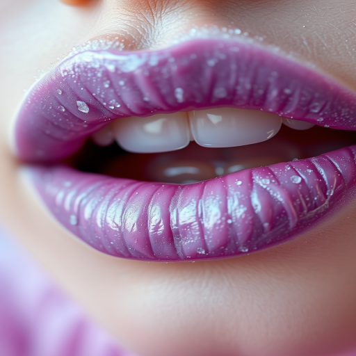 Frosted lilac lips with cool undertones, subtle metallic sheen, delicate and refined application, whimsical Lavender Frost Kiss aesthetic