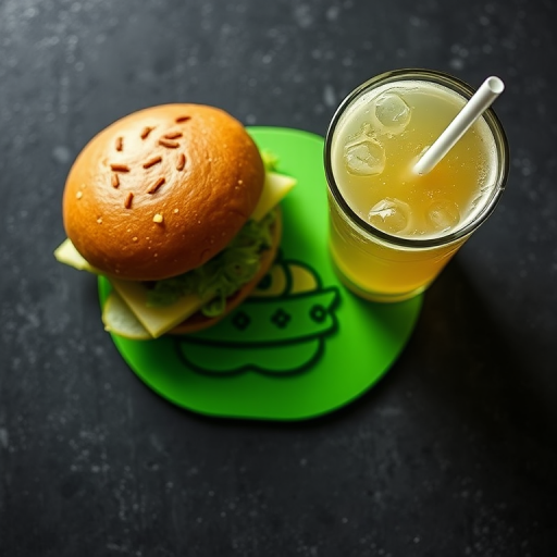 create a high-resolution image featuring a green icon of a burger and a drink on a contrasting background, use a DSLR camera with a 50mm lens, aperture set to f/1.8 for a shallow depth of field, soft natural lighting for enhanced clarity, shoot from a top-down view for better composition.