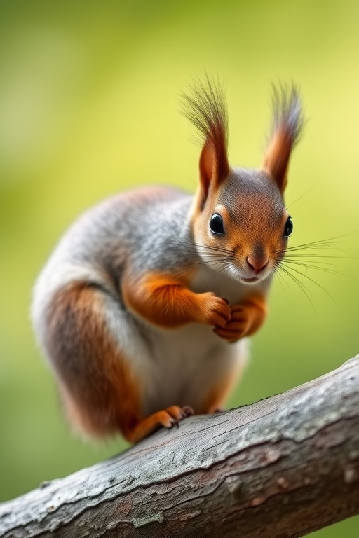 squirrel perched on a branch with a blurred green background, aperture f/2.8, ISO 200, shutter speed 1/500 sec, taken with a Canon EOS 7D Mark II, 100mm macro lens, natural light, shallow depth of field